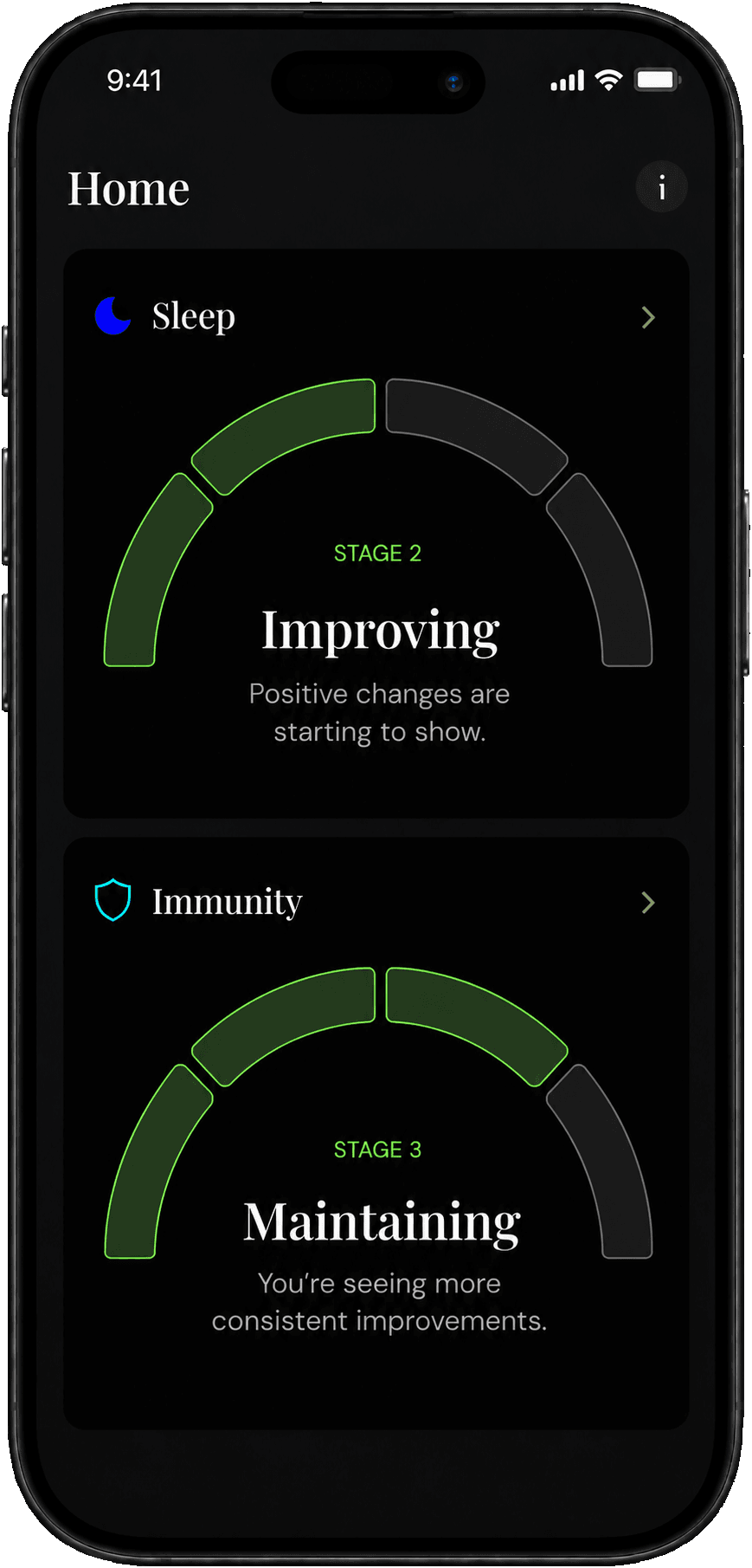 Prism Home screen. Sleep at Stage 2, Improving. Immunity at Stage 3, Maintaining.