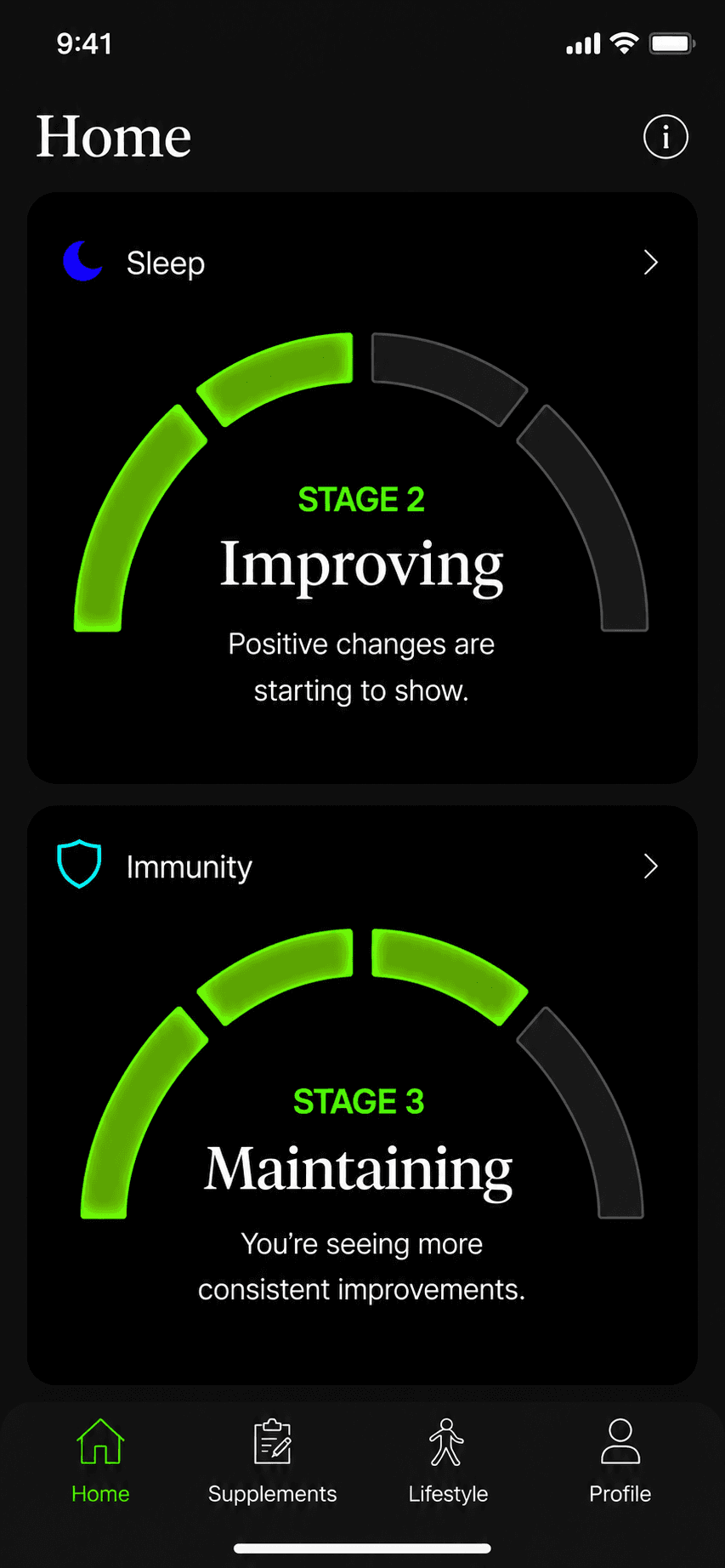 Prism Home screen. Sleep at Stage 2, Improving. Immunity at Stage 3, Maintaining.